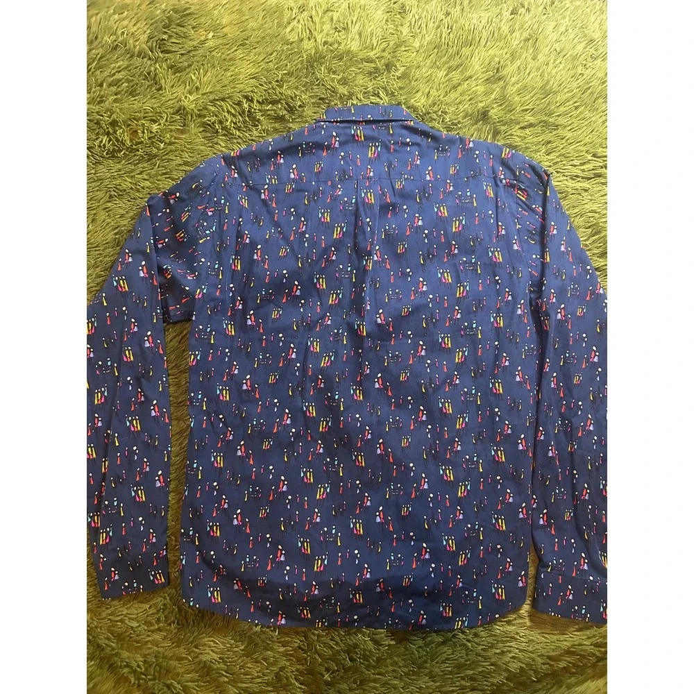 Jared Lang Button Down Men L Navy Blue AfterHours Slim Fit Abstract People Print
